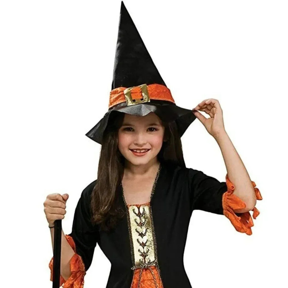Kids Black Orange Velvet Gothic Witch Halloween Cosplay Costume Hat Size OS